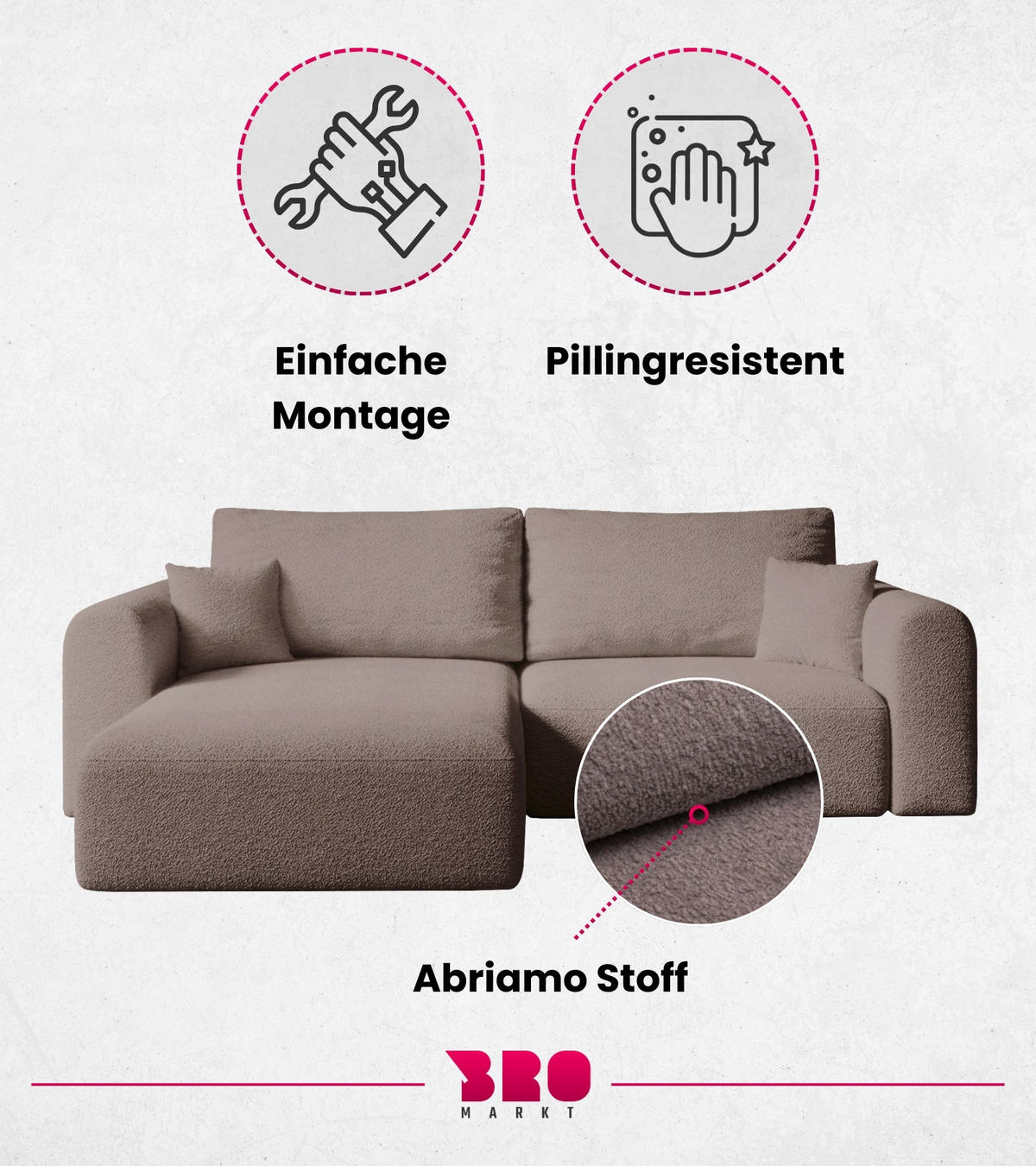 ECKSOFA Kornel mit Schlaffunktion Rosa Boucle - Rosa, Textil (248/165cm) - Bromarkt