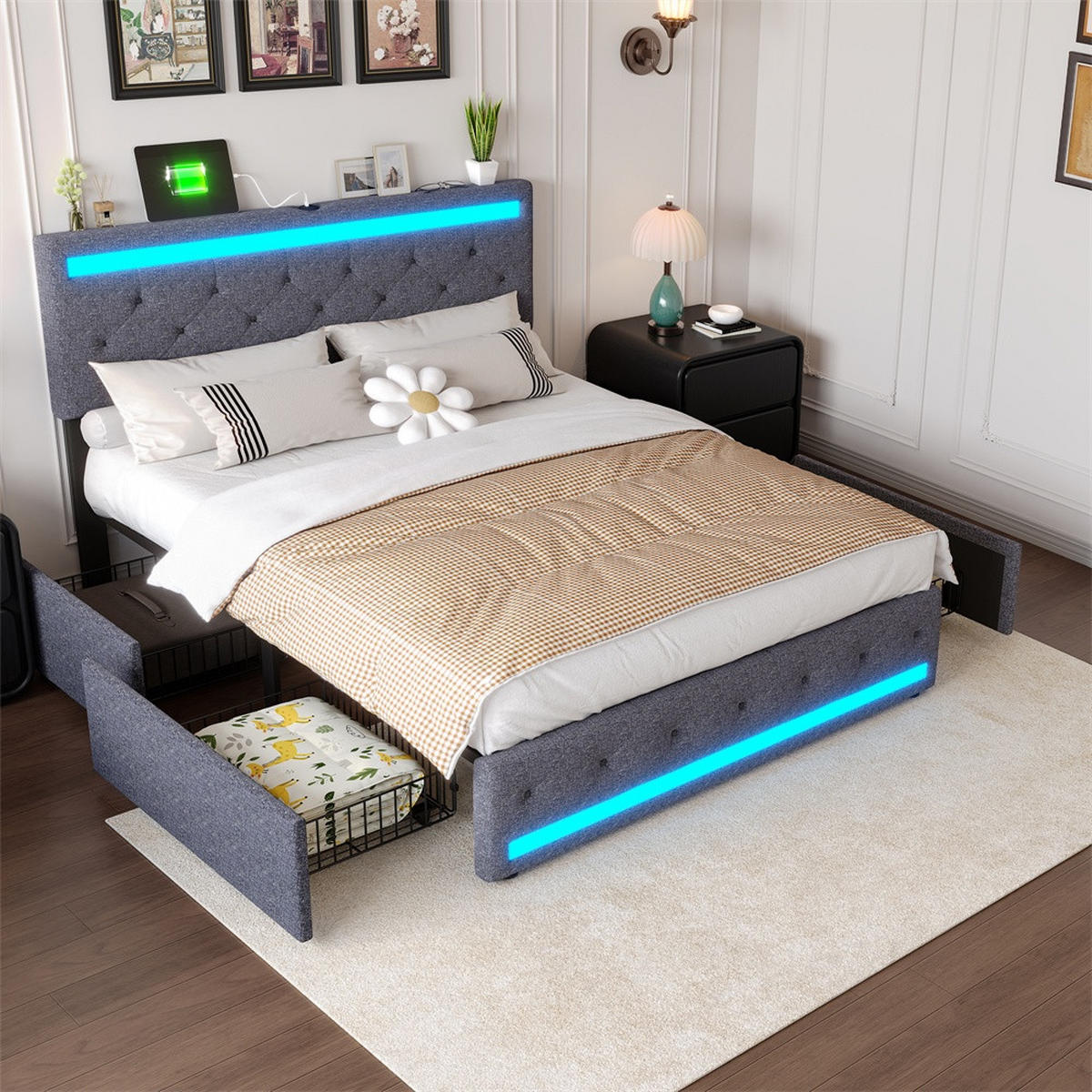 POLSTERBETT 140x190 cm mit RGB-LED-Beleuchtung, USB-Ladestation und 4 Schubladen, Dunkelgrau - Grau, Textil (140/190cm) - DELFA
