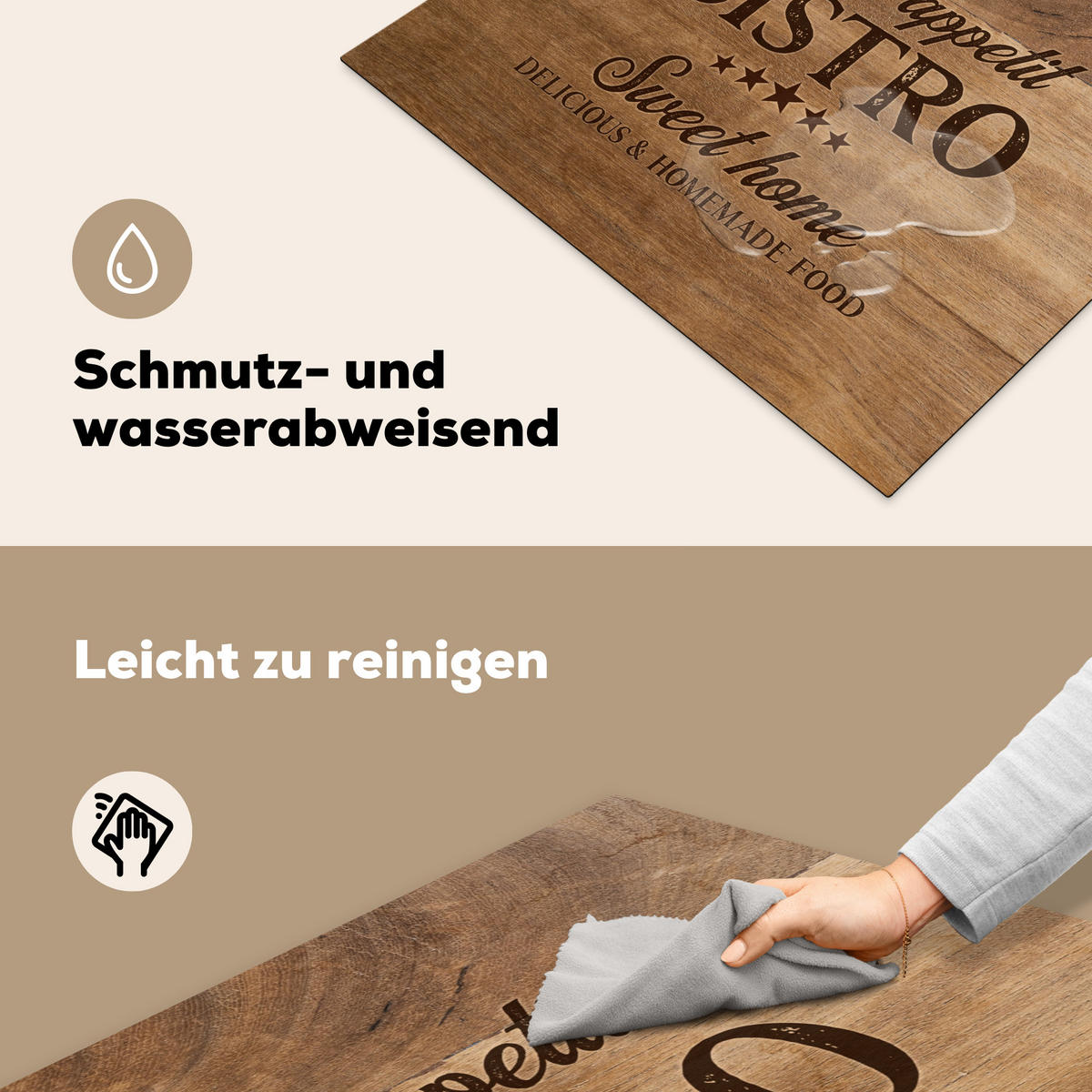 HERDABDECKPLATTE Zitat - Bistro - Guten Appetit - Süßes Zuhause - Holzmaserung 77x59 cm - Braun, Kunststoff (77/0.2/59cm) - MuchoWow