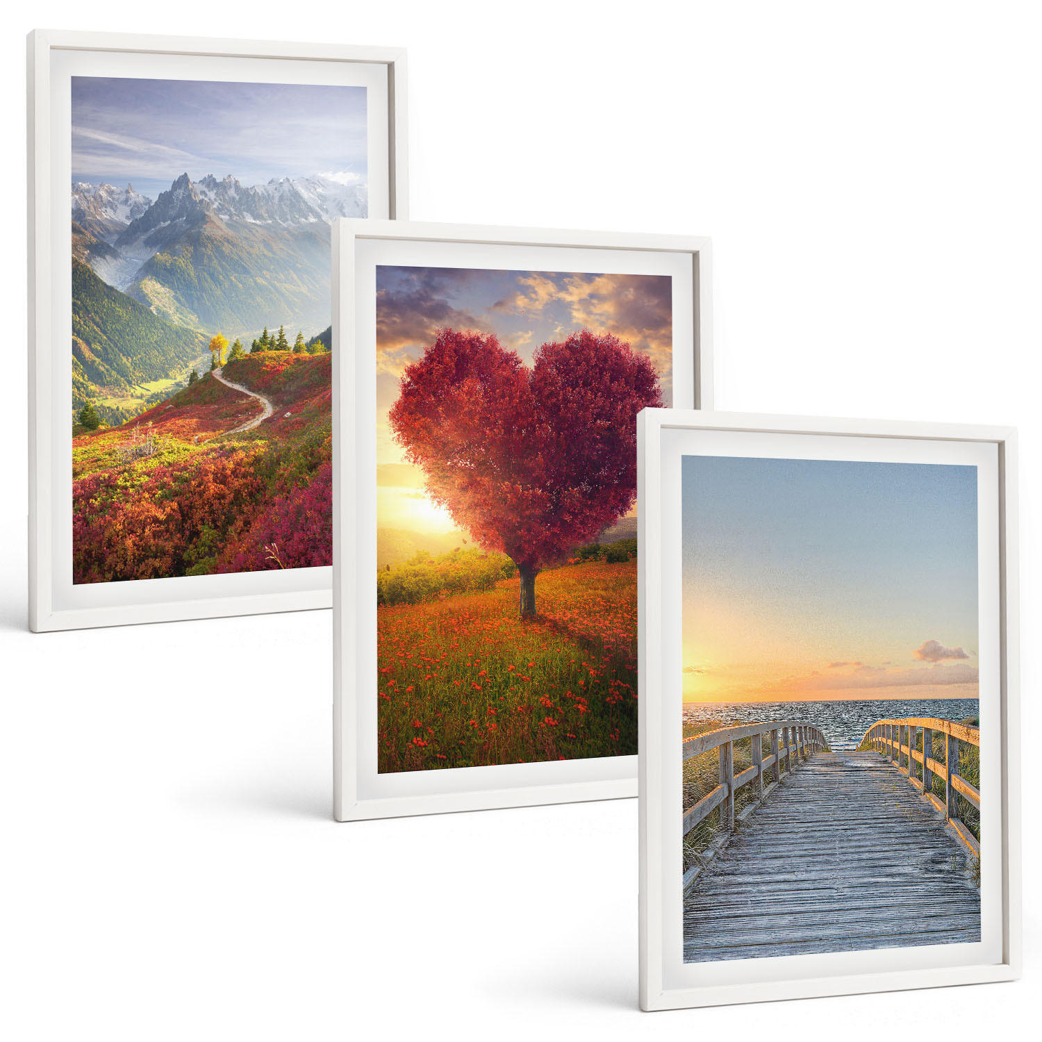 BILDER SET 3er Set - 40x60 cm Weißer Rahmen - Landschaften Berge Baum Herz Pier - Weiß, Kunststoff (40/60cm) - TULUP