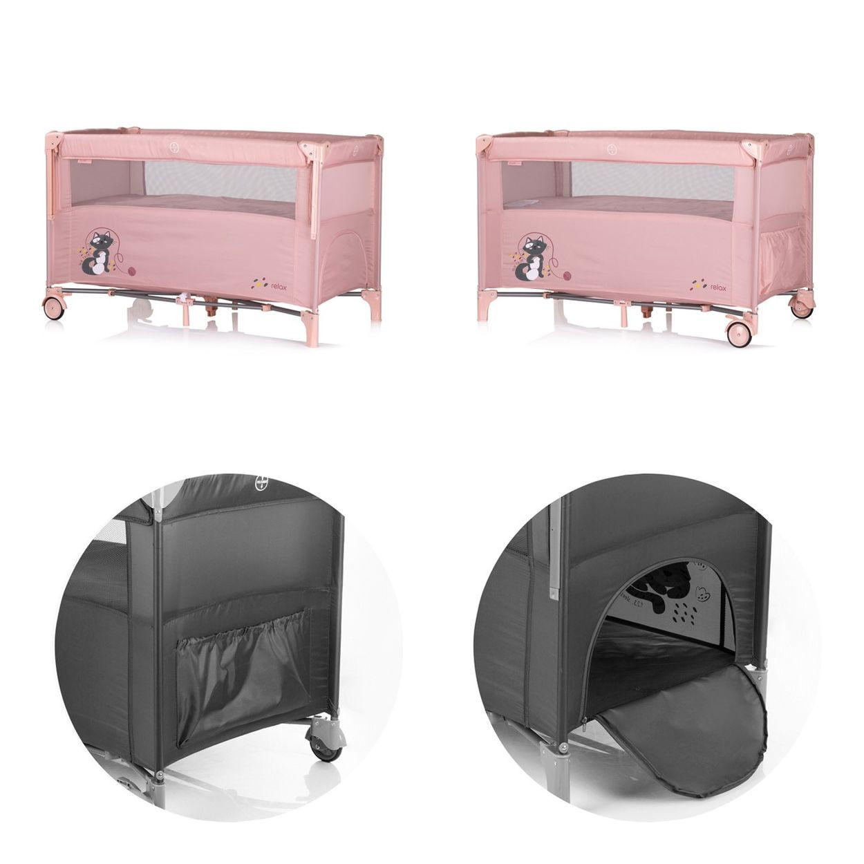 REISEBETT Relax 2 Ebenen rosa pink Vorderseite absenkbar, Seiteneingang, Tasche - Pink/Rosa, Kunststoff (60/120cm) - Chipolino