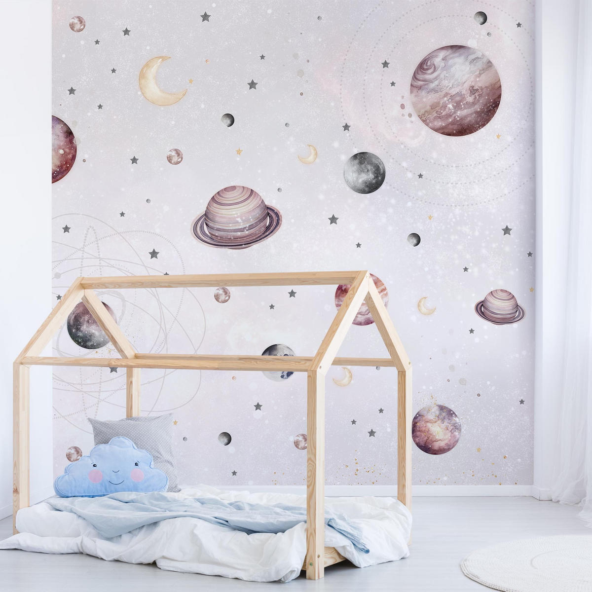 FOTOTAPETE Aquarell Planeten, Mond und Sterne 288/288 cm - Pastellblau, Papier (288/288cm) - Bilderwelten