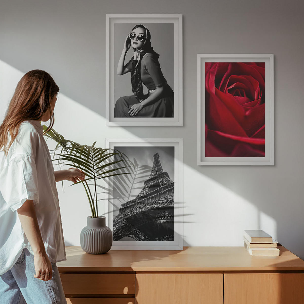 BILDER SET 3er Set - 40x60 cm Weißer Rahmen - Pariserin mit Eiffelturmbrille - Weiß, Kunststoff (40/60cm) - TULUP