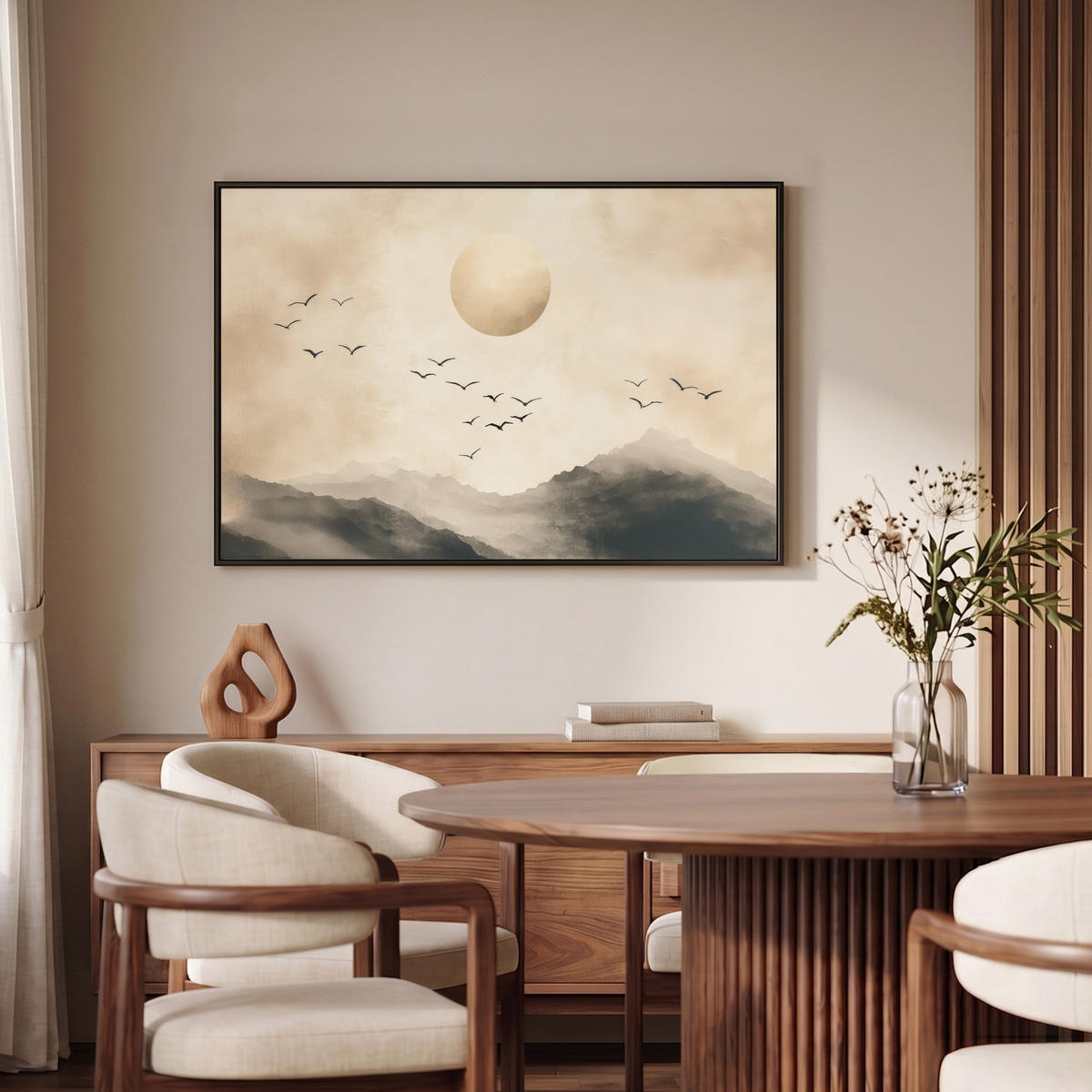 LEINWAND Bilder mit Rahmen - Landschaft - Japandi - Vogel - 90x60 - Beige, Textil (90/60cm) - MuchoWow
