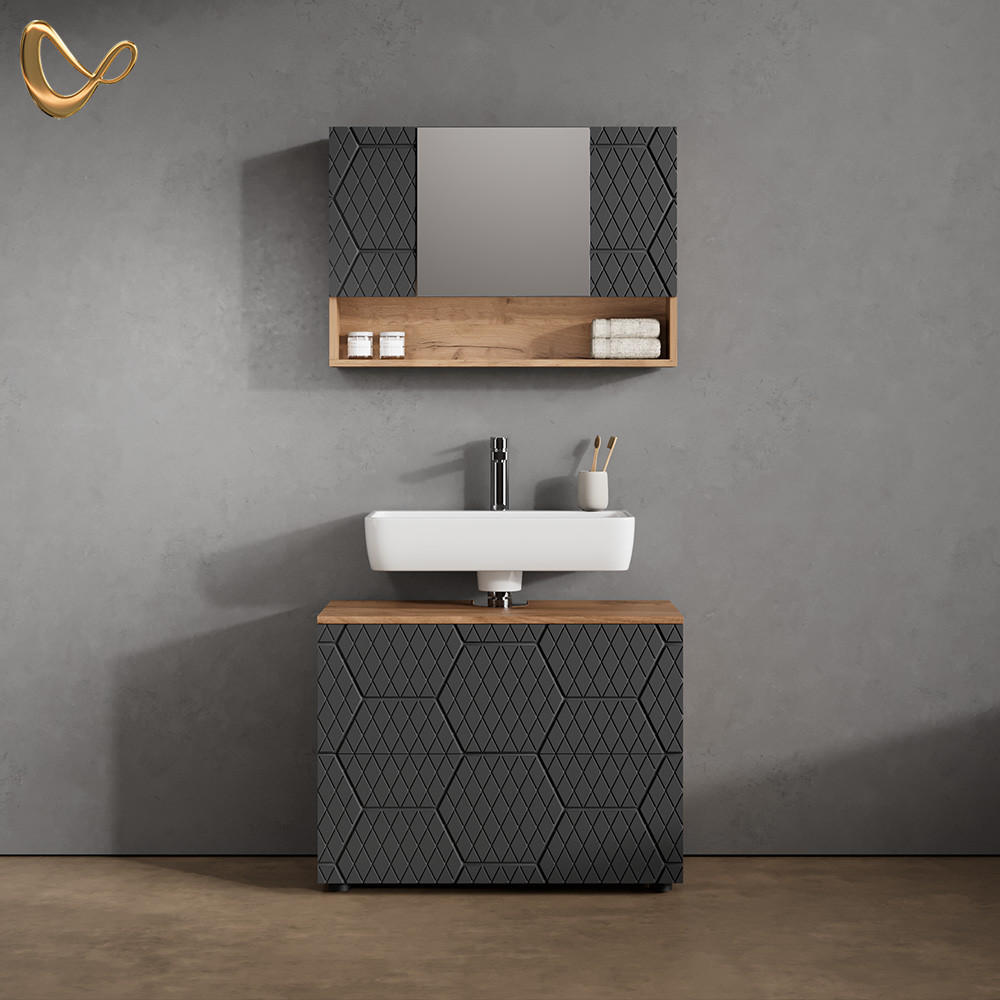 BADMÖBEL-SET Ronco Anthrazit gestreift 2 Teile, Unterschrank 80 cm - Eichefarben/Anthrazit, Holzwerkstoff (80/58/41cm) - Livinity®