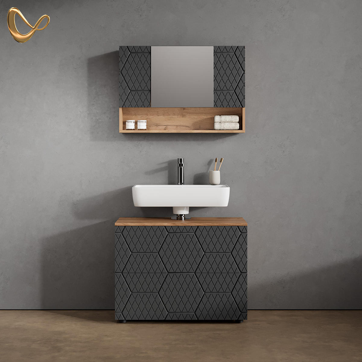 BADMÖBEL-SET Ronco Anthrazit gestreift 2 Teile, Unterschrank 80 cm - Eichefarben/Anthrazit, Holzwerkstoff (80/58/41cm) - Livinity®