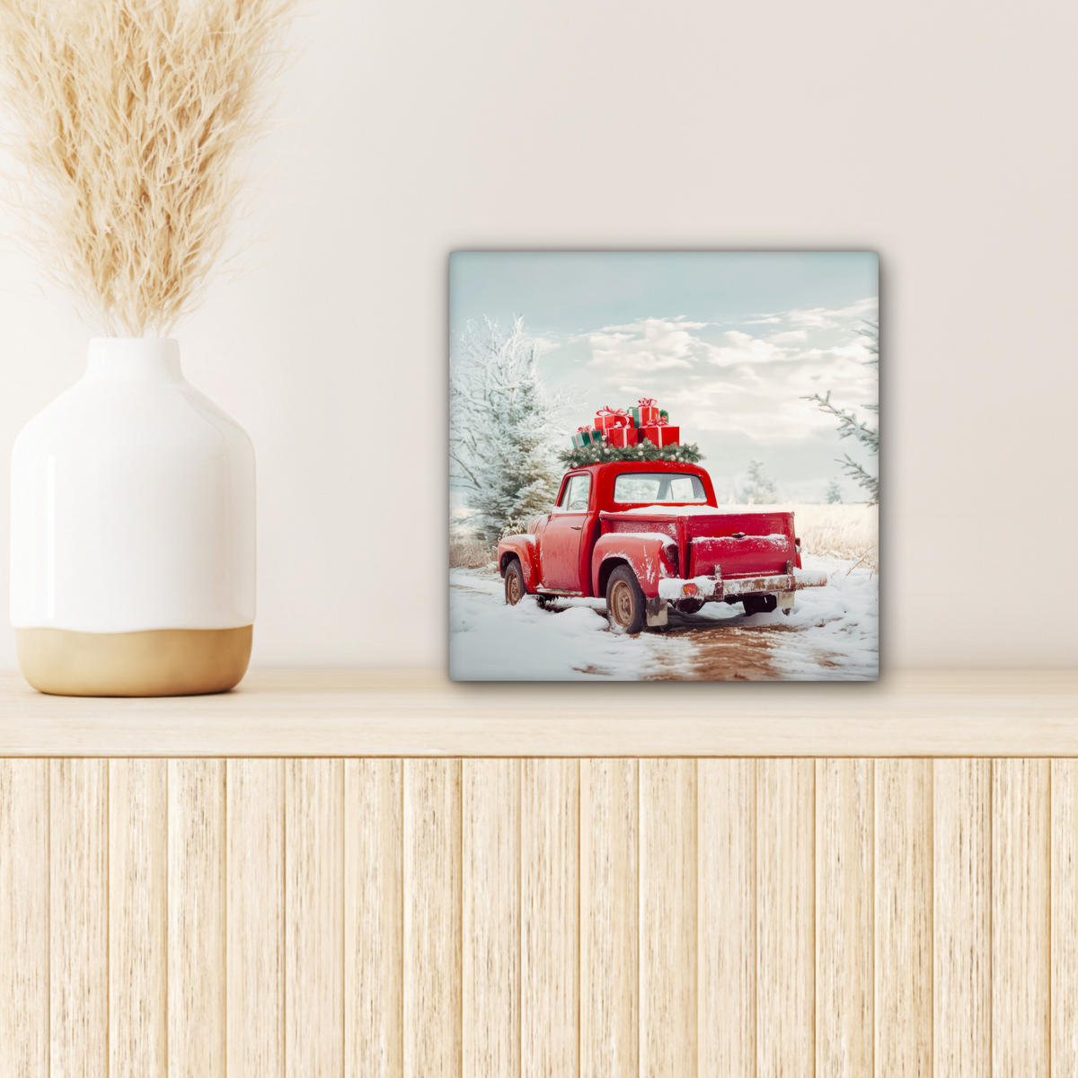 LEINWANDBILD Auto - Rot - Geschenke - Winter - Schnee - Weihnachten Deko Wohnzimmer 20x20 cm - Rot, Textil (20/20cm) - MuchoWow
