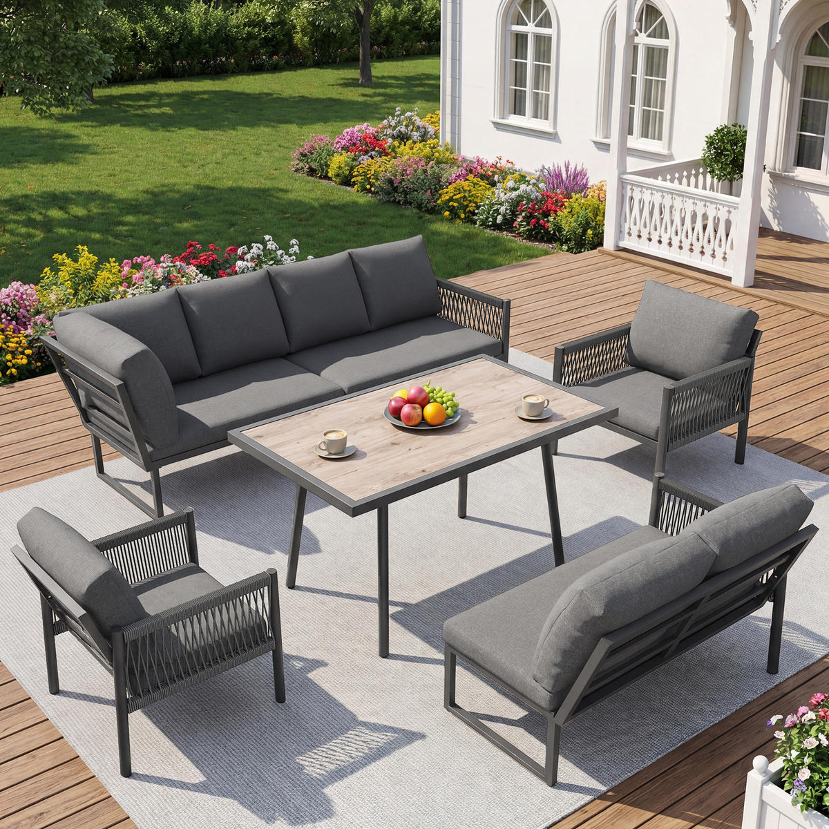 GARTENLOUNGE Grau 7-8 Personen L-Form Sofa Tisch 2 Sessel - Grau, Metall - FLIEKS