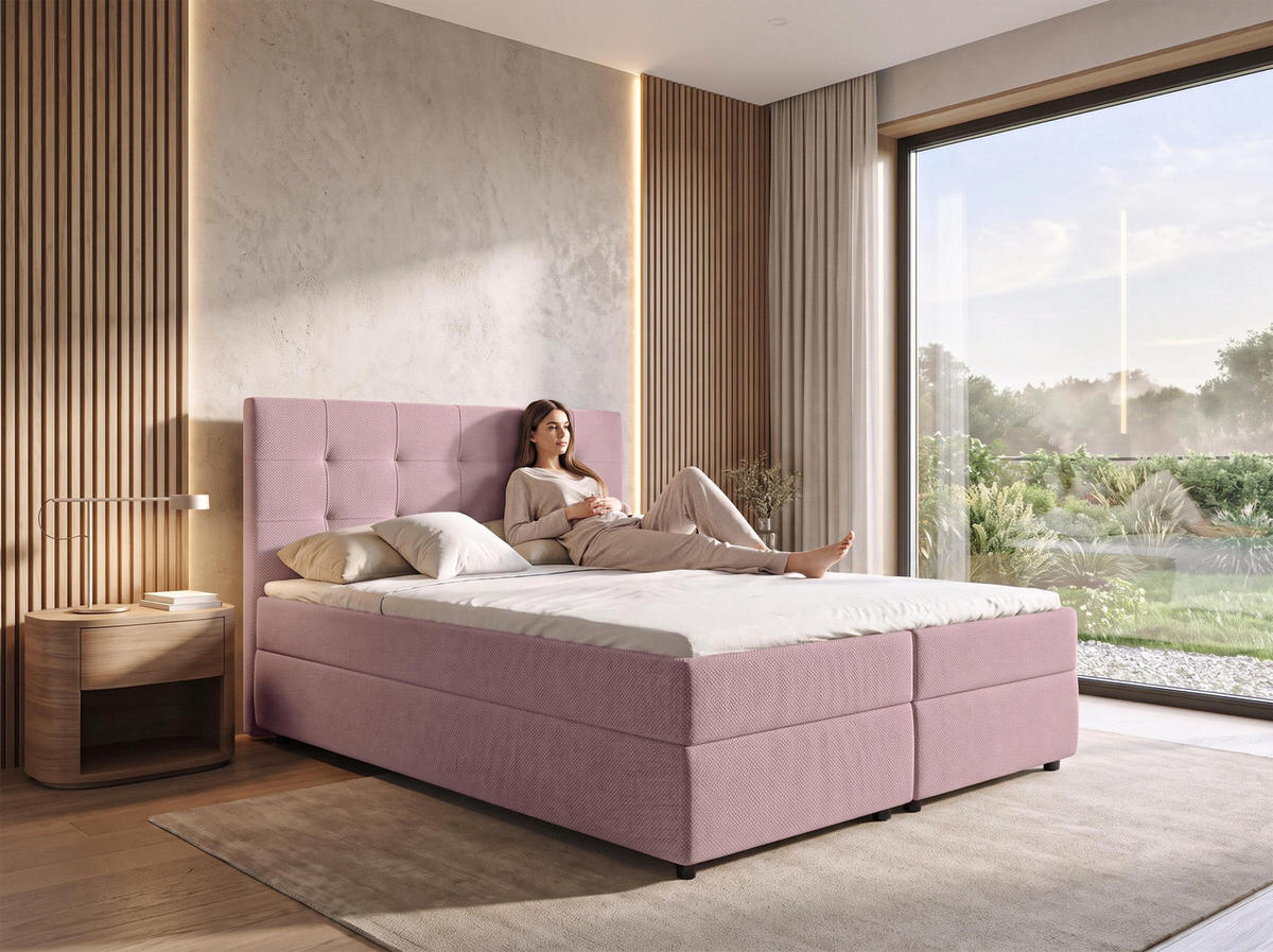 BOXBETT SAKARYA 180x200 cm mit Bettkasten und Matratze - Rosa + TOPPER - Schwarz/Rosa, Holz/Holzwerkstoff (180/200cm) - AX Living