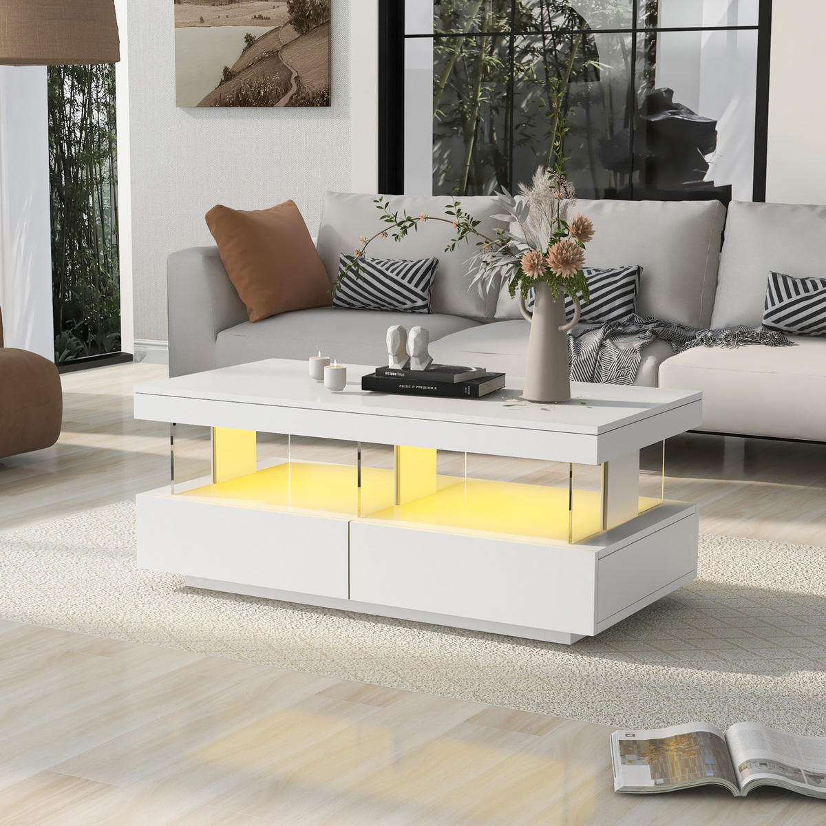 COUCHTISCH 100/60/49,5 cm mit LED-Beleuchtung, 2 Schubladen und Glaseinsätzen, Weiß - Weiß, Holzwerkstoff (100/60/49.5cm) - Redom