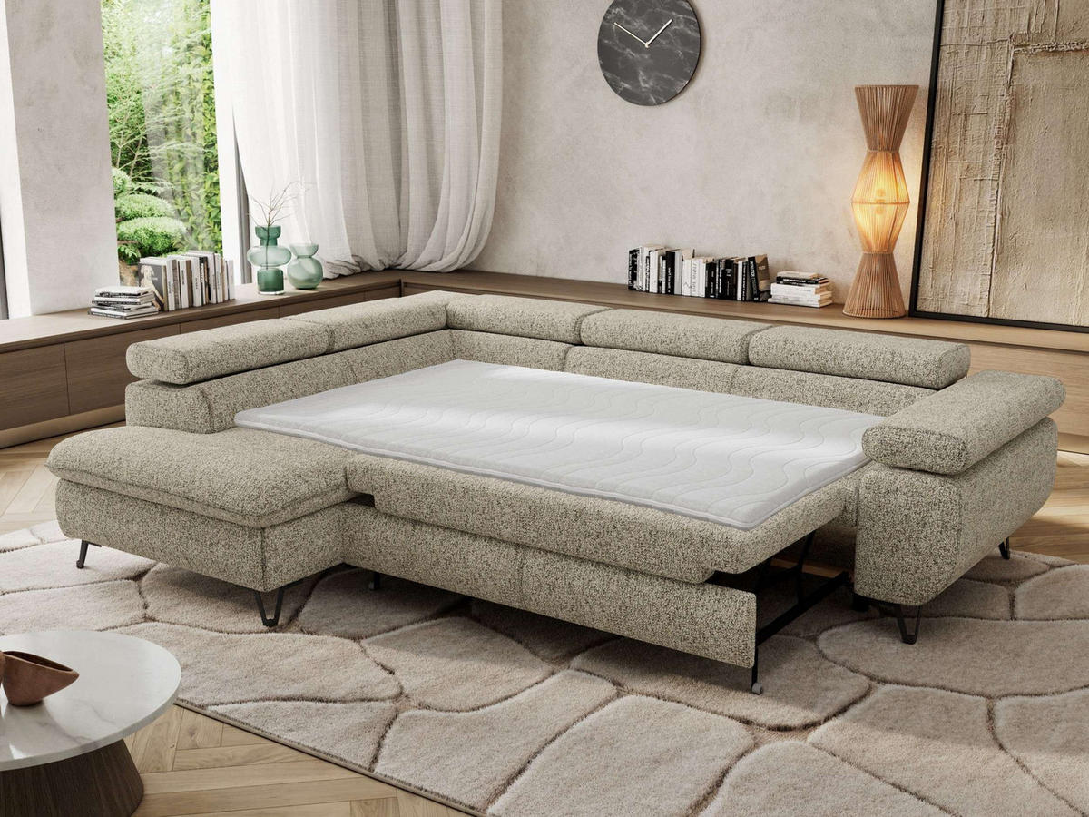 ECKSOFA PABLO L Beige Struktur - Links Seite mit Visco Topper - Beige/Schwarz, Textil/Metall (208/273cm) - MKS