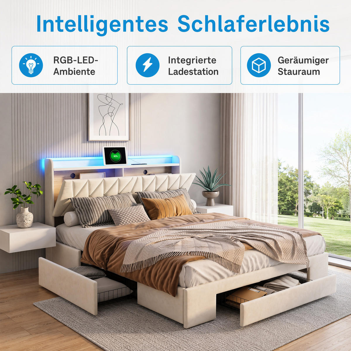 POLSTERBETT 140x200 cm mit 3 Schubladen, bett 140x200 mit USB und LED, Stauraum, Lattenrost, Samt, Beige - Beige, Holz/Textil (140/200cm) - GENKI LIVING