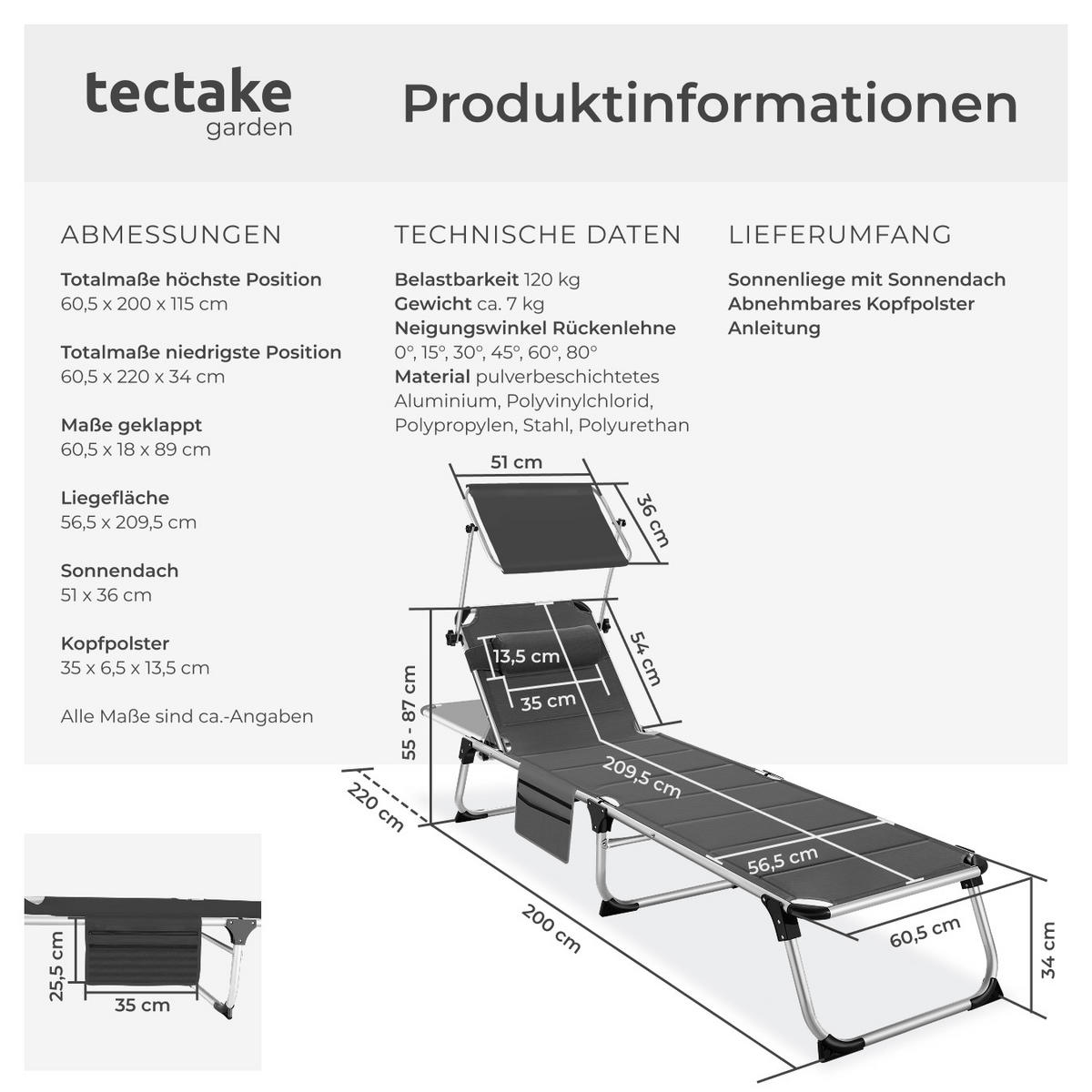 SONNENLIEGE Lorella,220 x 60,5 x 34 cm, mit Seitentasche ,grau - Dunkelgrau, Kunststoff (60.5/115/200cm) - tectake