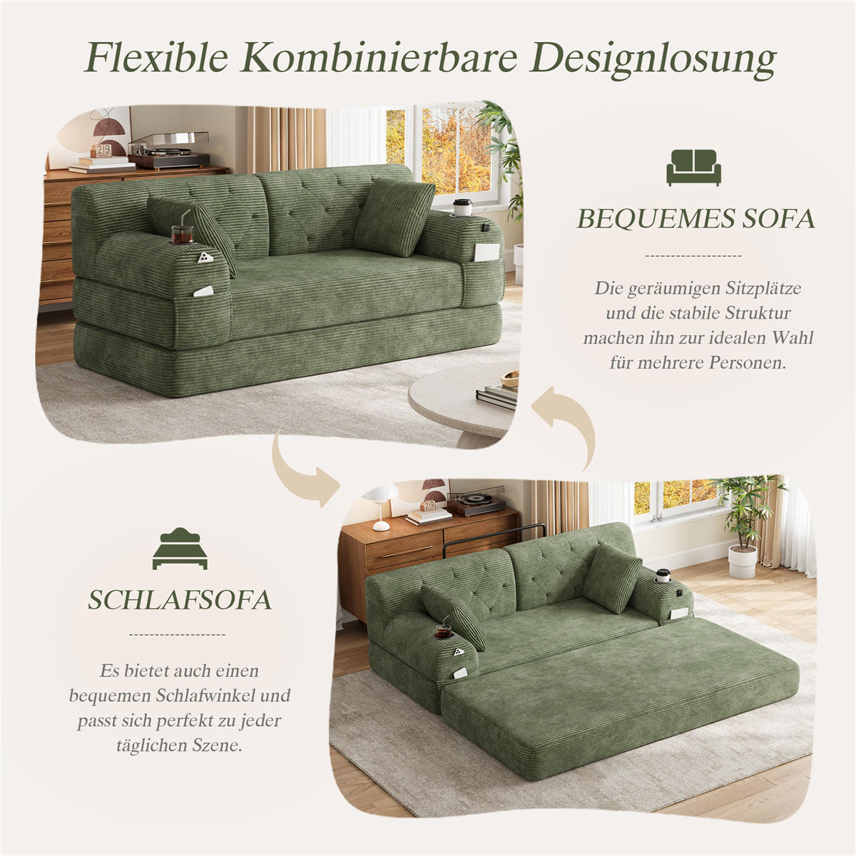 SCHLAFSOFA 2-Sitzer Cord mit Getränkehaltern und Seitentaschen, Grün - Grün, Textil (168/81/80cm) - Kaket