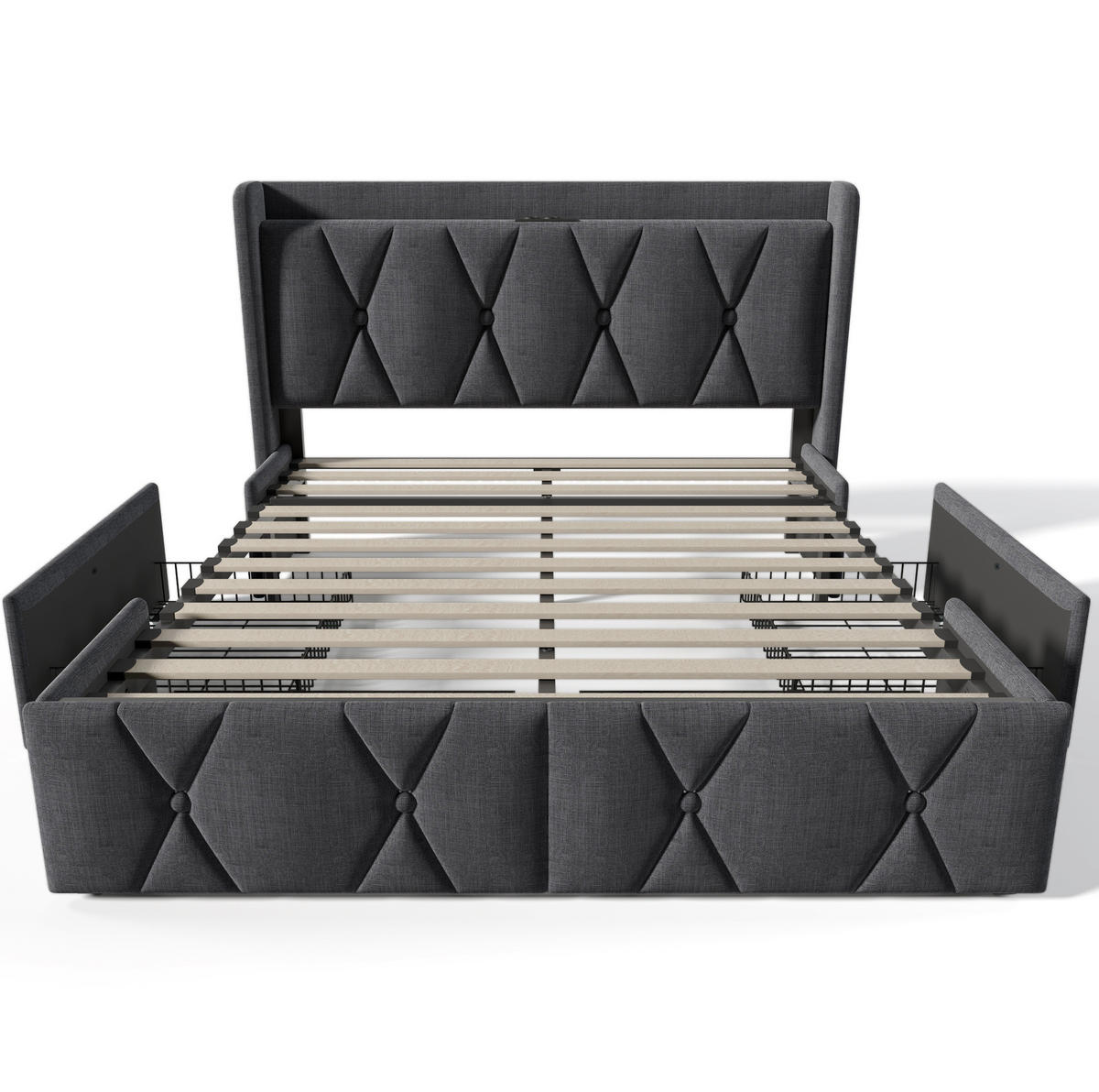 BETT mit USB und 4 Schubladen 160x200 cm Leinen Grau - Grau, Metall (160/200cm) - Meubliv