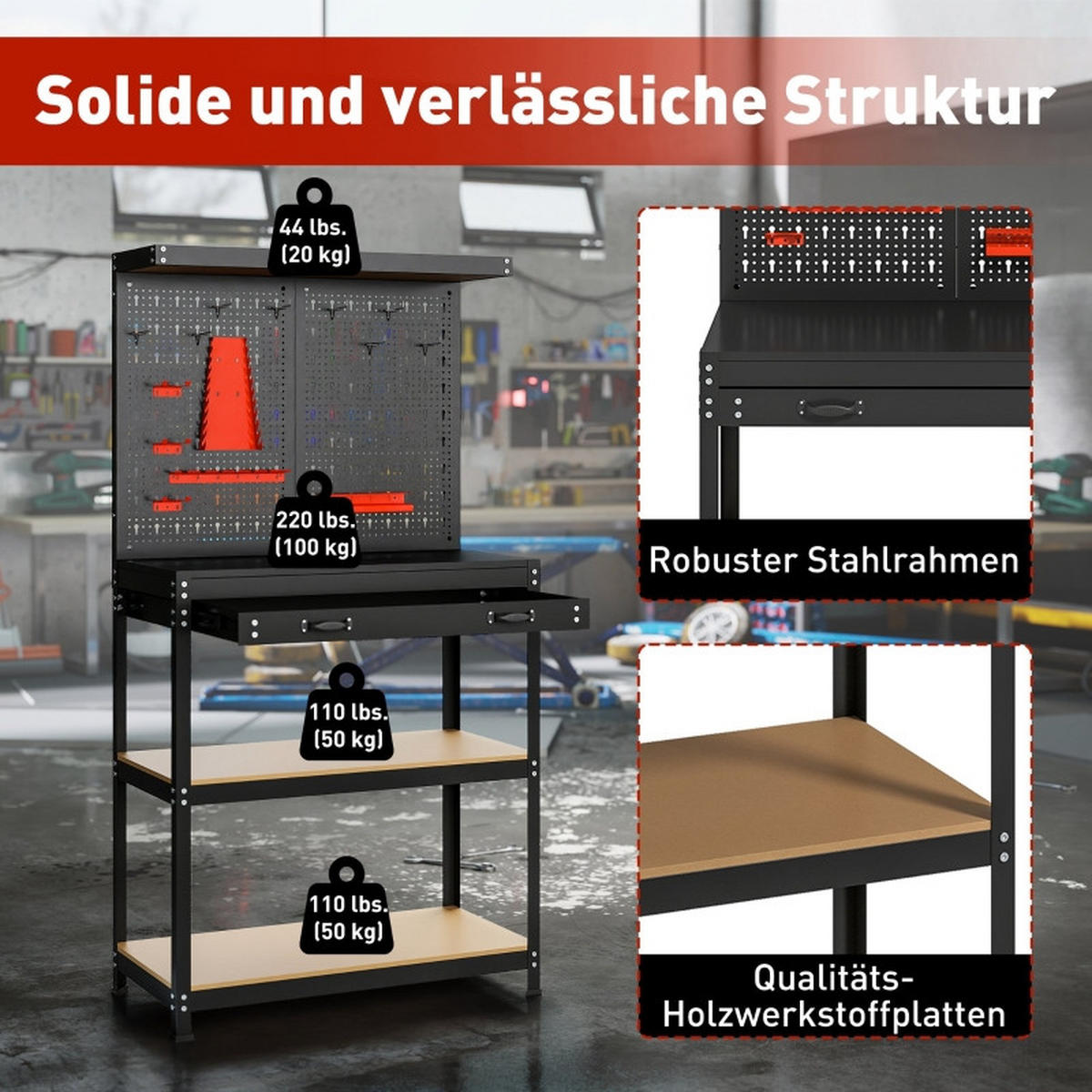 KOMBINATIONSSCHRANK – 80 x 40,5 x 155 cm, mit Lochwand, Haken, Schubladen und zwei Regalböden – Schwarz - Schwarz, Metall (40.5/155/80cm) - DCA