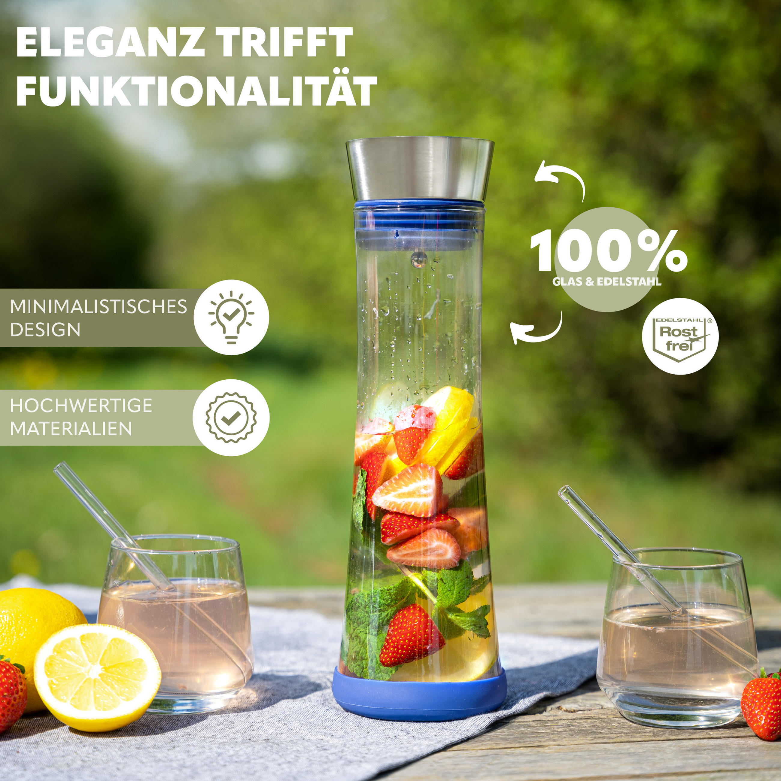 GLASKARAFFE 1 Liter CAROLA, blau, Edelstahl, Silikon - Blau, Glas (1L) - bremermann