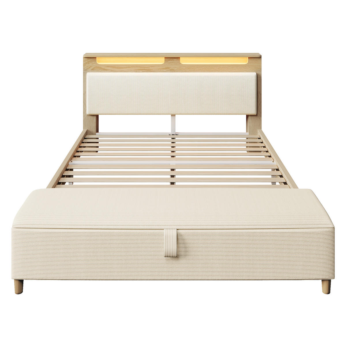 POLSTERBETT 140/200 cm aus Holz und Cordstoff mit LED-Beleuchtung, Stauraum-Kopfteil und Bettbank, Eichefarben/Beige - Beige, Textil (140/200cm) - Redom