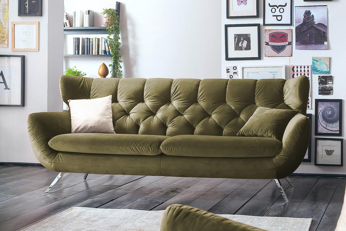 SOFA CHARME Grün Velvet - Dunkelgrün/Silberfarben, Textil/Metall (200/94/95cm) - KAWOLA