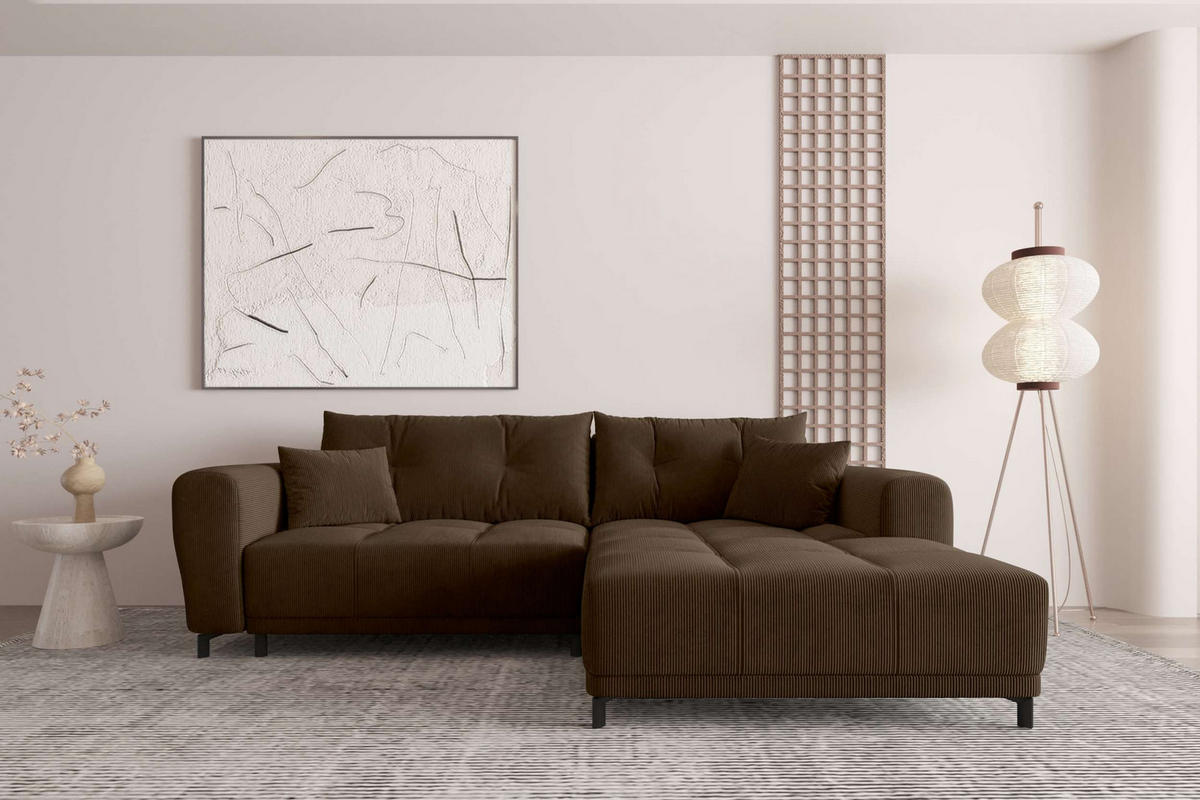 ECKSOFA Massimo Cordstoff Braun inkl. Schlaffunktion Rechts - Schwarz/Braun, Textil/Metall (246/177cm) - 99rooms