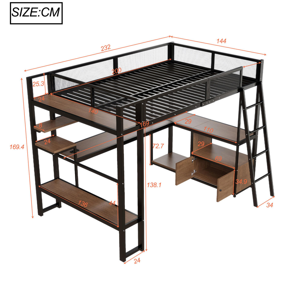 METALL-HOCHBETT aus MDF und Metall 140x200 cm Schwarz mit Arbeitsplatz, LED-Beleuchtung und Stauraum - Schwarz, Holzwerkstoff (140/200cm) - Modfu