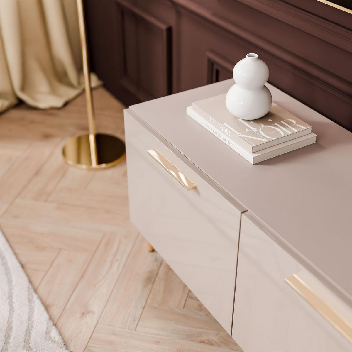 TV-ELEMENT AURA 100 KASCHMIR Hochglanz auf geraden goldenen Beinen - Kaschmir/Schwarz, Holzwerkstoff (100/50/40cm) - Lookway