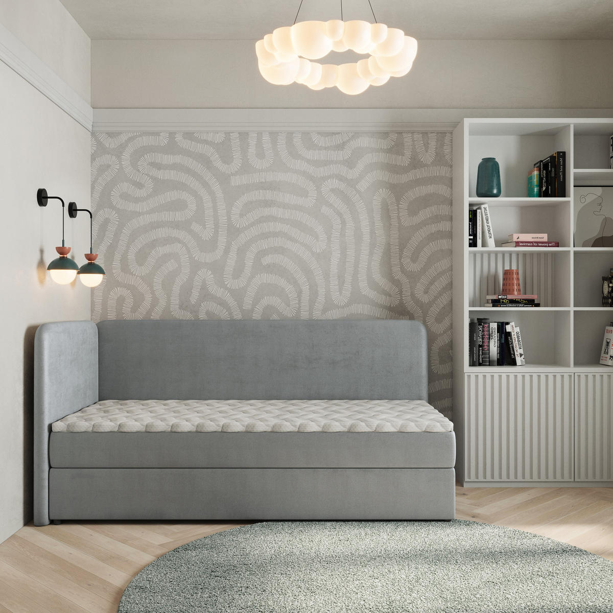 BOXBETT GINA 100x200 cm mit Matratze und Topper, H2+H3 - Hellgrau - Hellgrau, Holz (100/200cm) - MASSENO