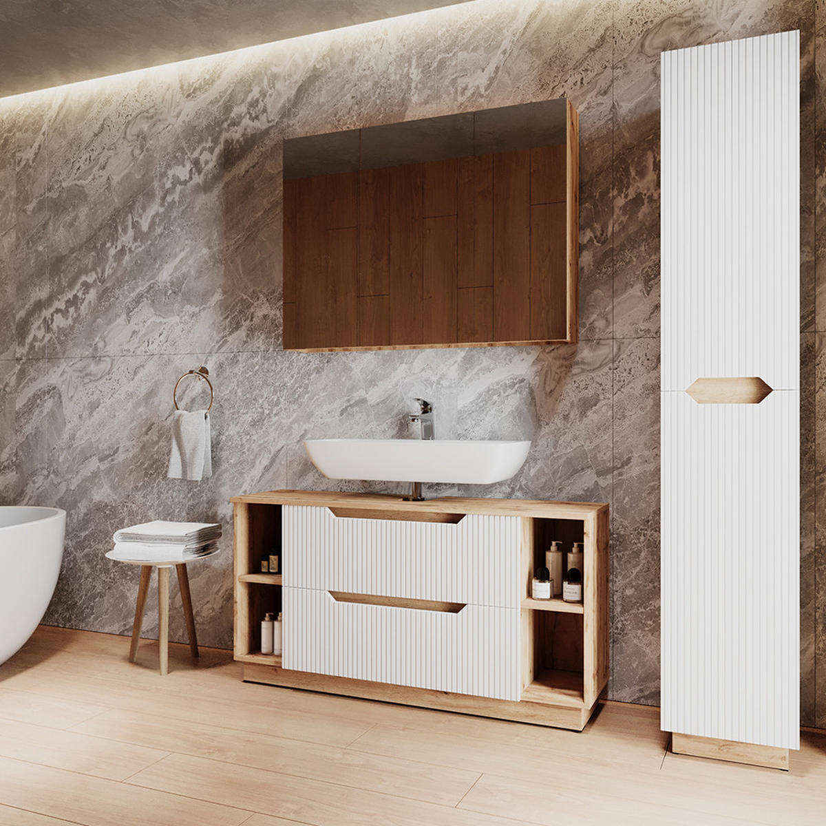 BADMÖBEL-SET Lotta Eiche/weiß gestreift 3 Teile - Eichefarben/Weiß, Holzwerkstoff (119.2/62.5/35cm) - Vicco