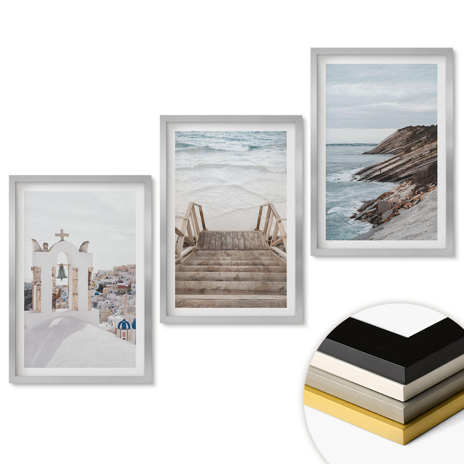 WANDBILDER 3er Set - 40x60 cm Silberner Rahmen - Meeresarchitektur Santorin - Silberfarben, Kunststoff (40/60cm) - ArtPrintCave