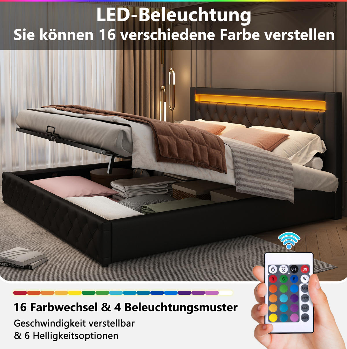 POLSTERBETT 160/200 cm schwarz aus PU mit Bettkasten und LED-Beleuchtung - Schwarz, Kunststoff (160/200cm) - OKMYHOME