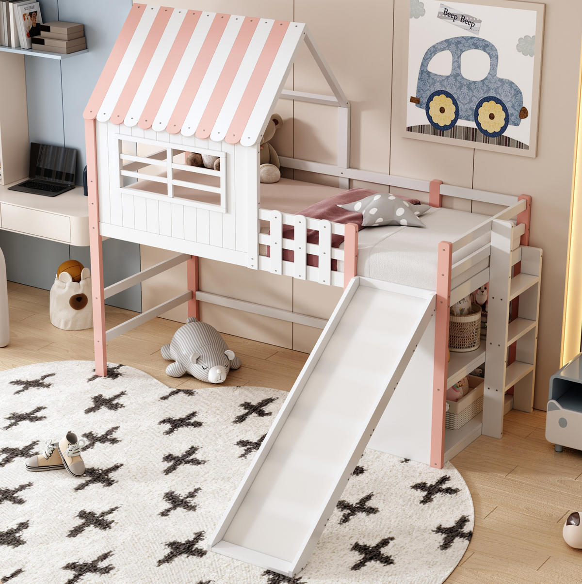 HOCHBETT 90/200 cm Rosa aus Massivholz und MDF mit Rutsche und Stauraum - Rosa, Holz (90/200cm) - OKMYHOME