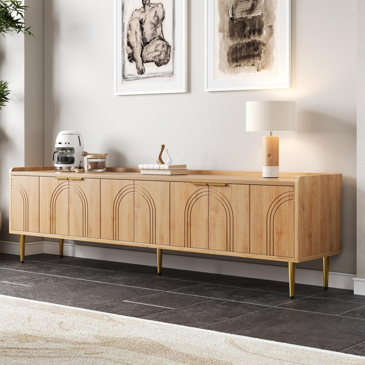 TV-SCHRANK aus MDF 170x35x47,5 cm Natur mit Kabelmanagement und Stauraum, goldfarbene Griffe - Naturfarben, Holzwerkstoff (170/47.5/35cm) - Modfu