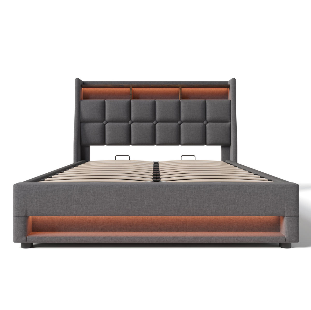 POLSTERBETT aus Leinenmaterial 140x200 cm Grau mit Matratze, LED-Beleuchtung, USB und Stauraum - Grau, Textil (140/200cm) - IVMEU