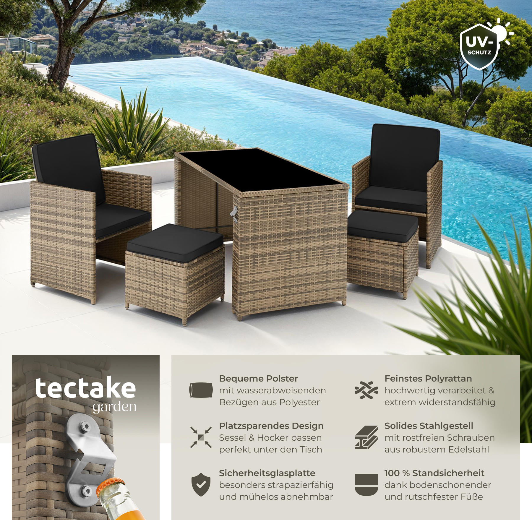RATTAN SITZGRUPPE Palermo,inklusive Flaschenöffner, zusammenschiebbar,natur - Naturfarben, Kunststoff - tectake