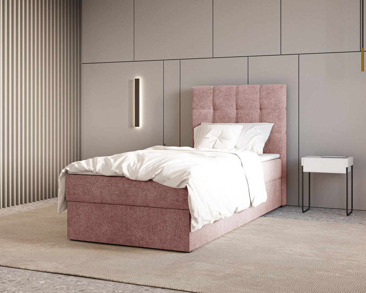 BOXBETT - Bett 05 OSLO - Aragon - 90x200 cm - mit Bettkasten und Komfort-Topper - Rosa, Holz (90/200cm) - ROYAL24_MARKT