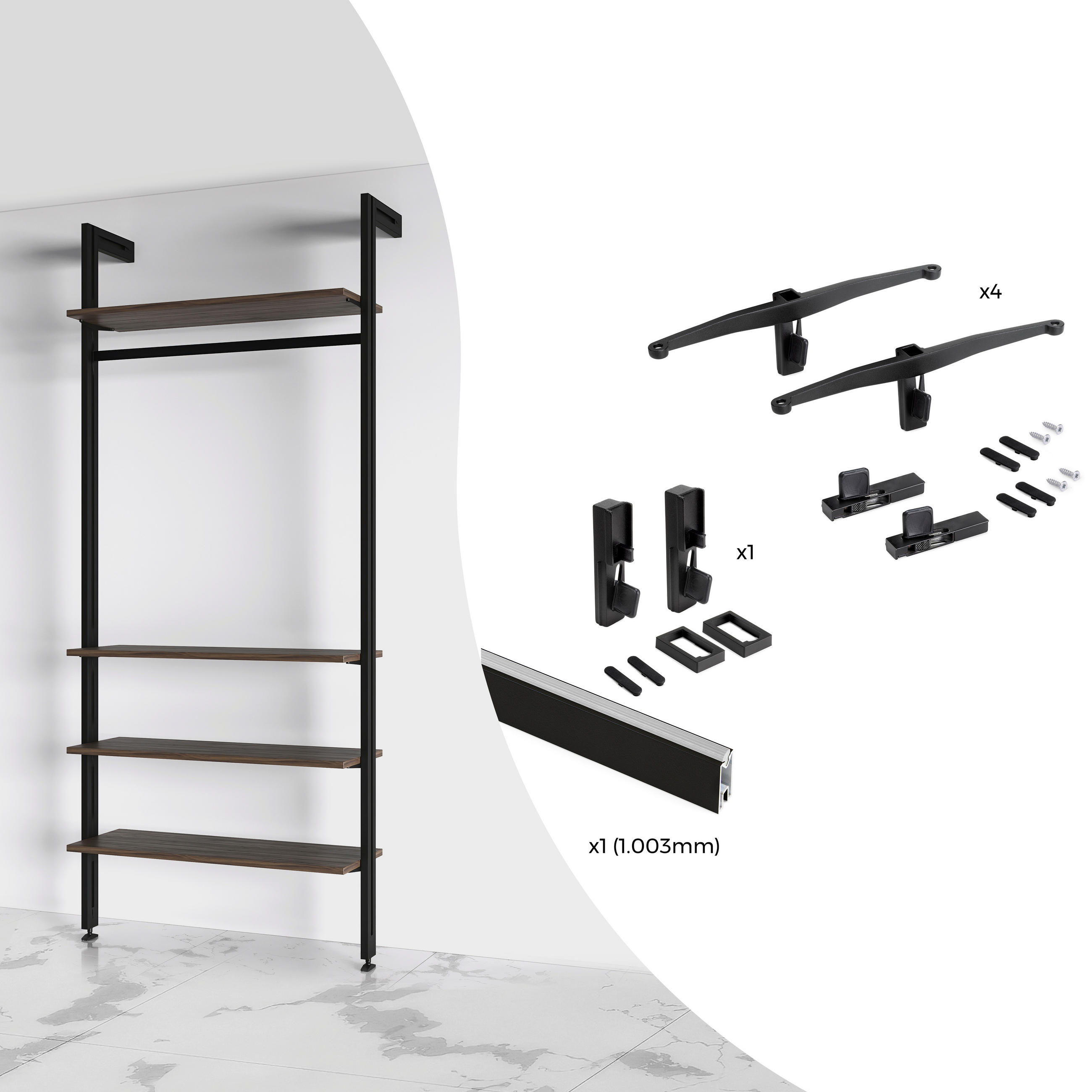 BRACKET SET für 4 Holzböden und 1 Hängestange 1m lang Zero, Aluminium und Zamak und Kunststoff, Tiefschwarz lackiert texturiert - Schwarz, Metall (4.1/12/20cm) - EMUCA