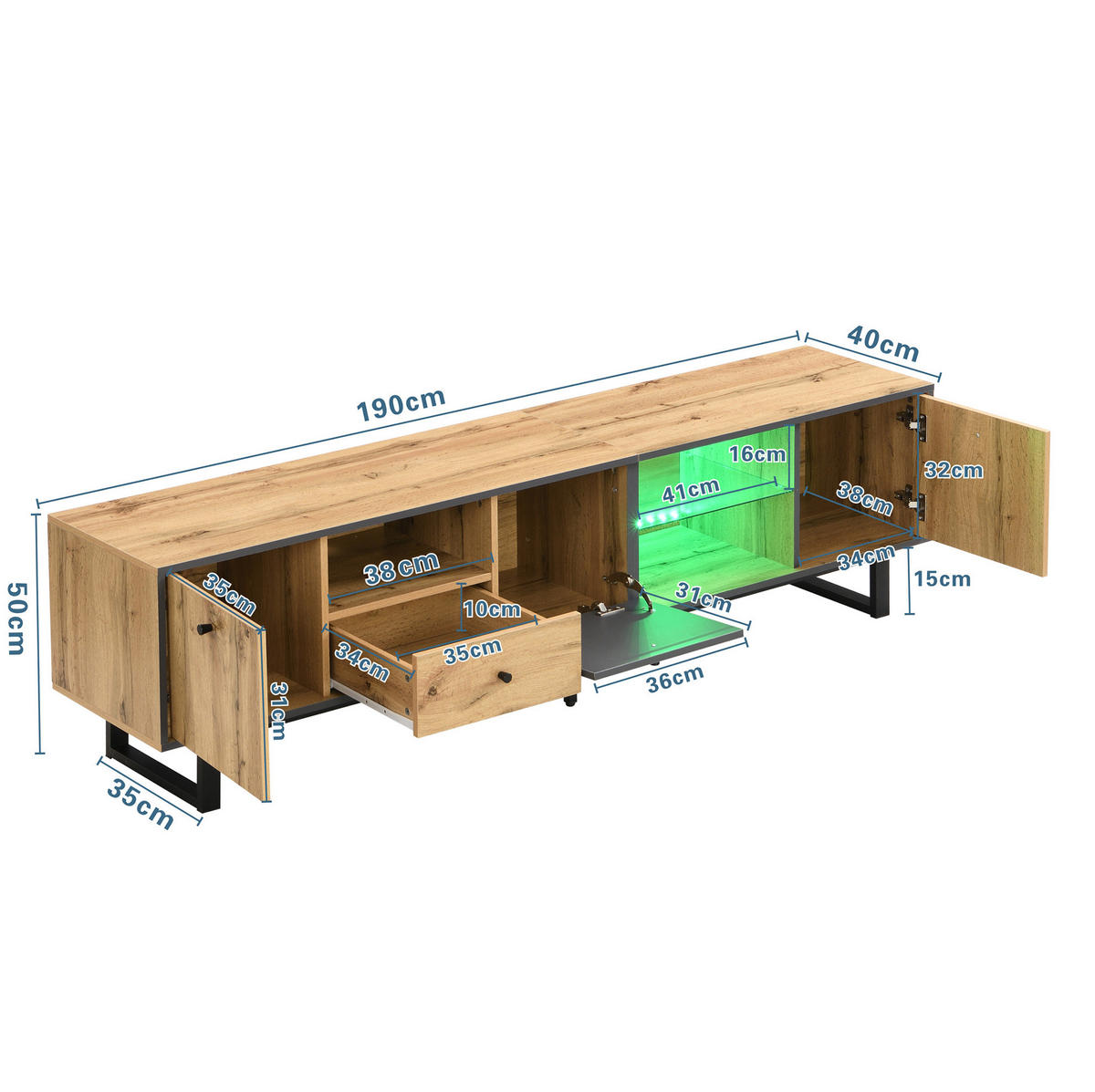 NÍZKÁ komoda 190/40/50 cm přírodní, antracitový, s LED osvětlením a úložným prostorem - přírodní, kompozitní dřevo (190/50/40cm) - BEAOK