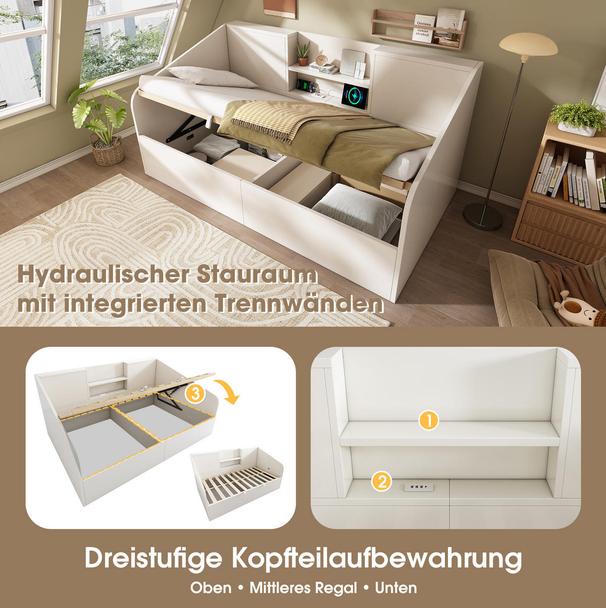 POLSTERBETT 90/190 cm Weiß aus Holz mit Stauraum und USB-/Typ-C-Ladestation - Weiß, Holzwerkstoff (90/190cm) - OKMYHOME