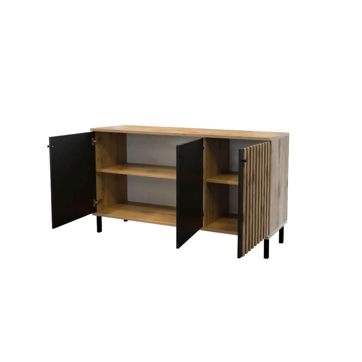 KOMMODE DRAVEN 150/85/45cm mit Schubladen 3 Türen Eiche Wotan - Eiche Wotan/Schwarz, Holzwerkstoff (150/85/45cm) - MASSENO