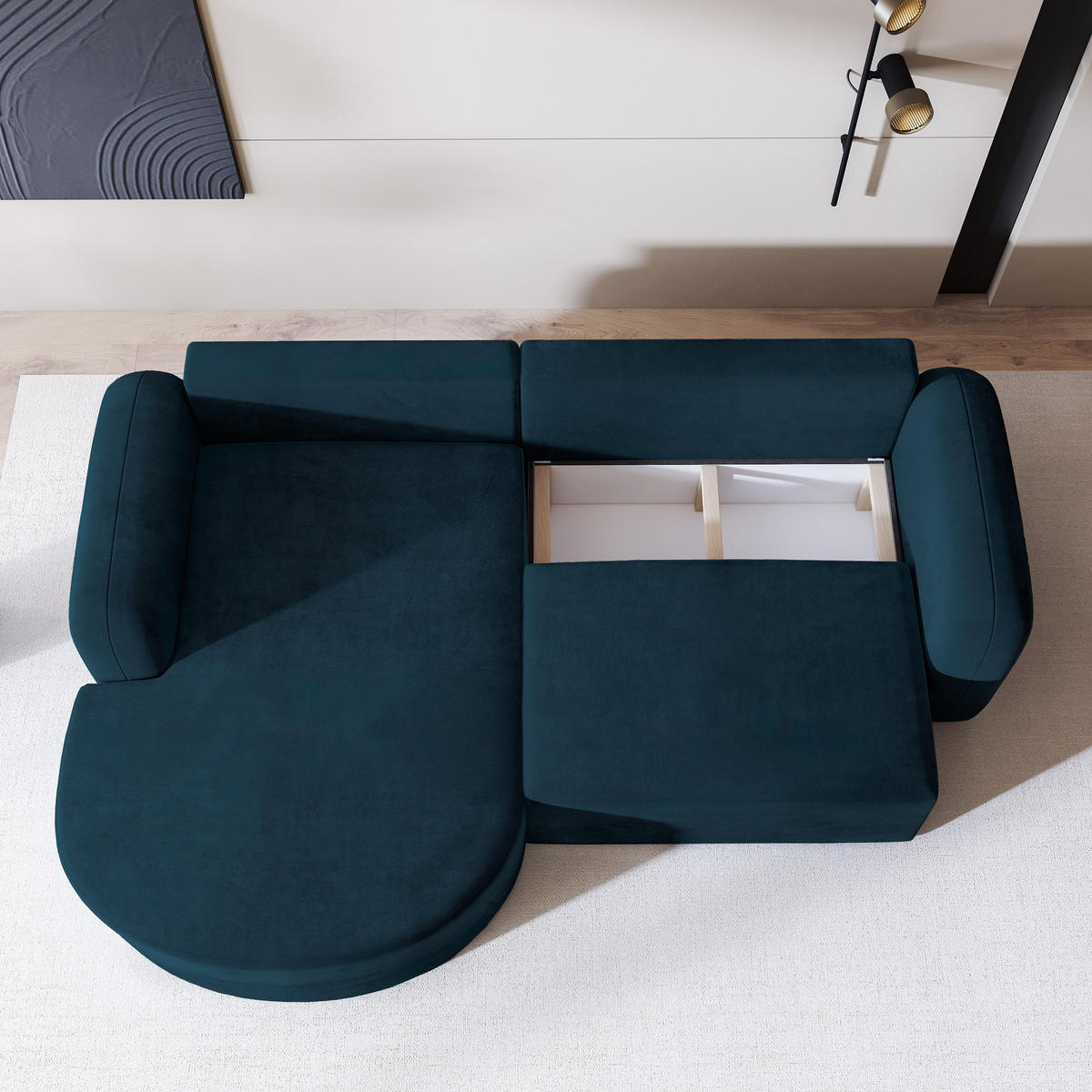 ECKSOFA AMILIA M L-S Blau Velours-Stoff mit Schlaffunktion - Blau, Holz (263/174cm) - MASSENO