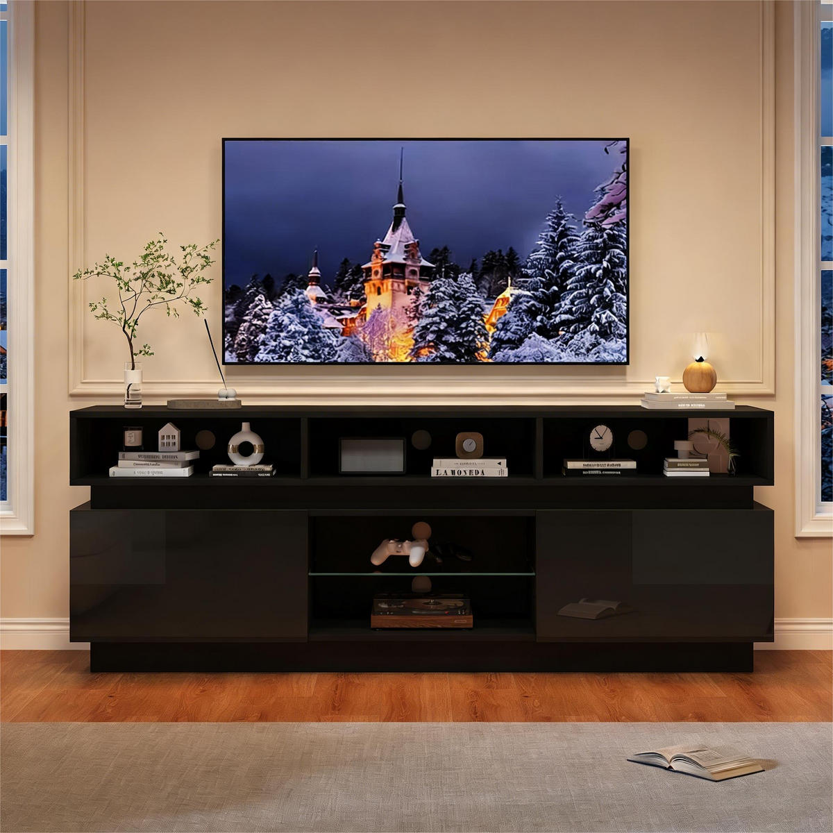 TV-LOWBOARD 160x35x60 cm Schwarz Hochglanz LED MDF 60" TV - Schwarz, Holzwerkstoff (35/60/160cm) - FLIEKS