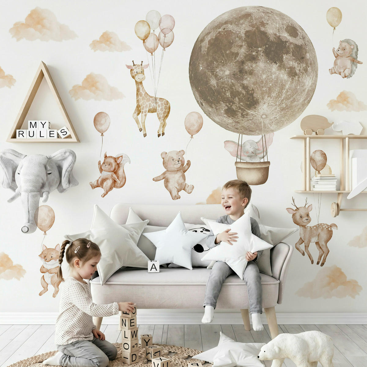 WANDSTICKER SET Tiere Ballons und Wolken 120x60 - Beige/Orange, Papier (120/60/60cm) - Muralo