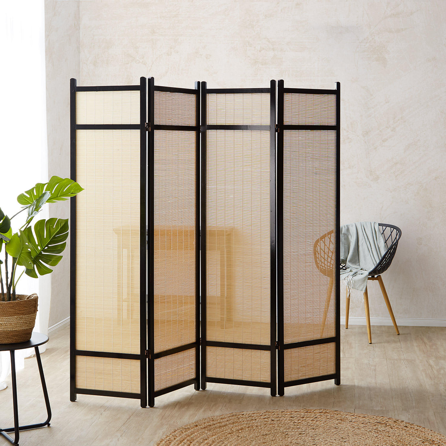 PARAVENT 4-tlg. 176/175 cm Schwarz Bambus - Schwarz, Holz (176/175/2cm) - Homestyle4u