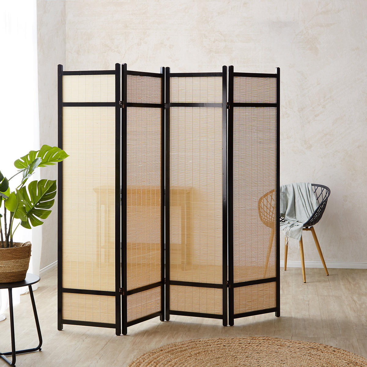 PARAVENT 4-tlg. 176/175 cm Schwarz Bambus - Schwarz, Holz (176/175/2cm) - Homestyle4u