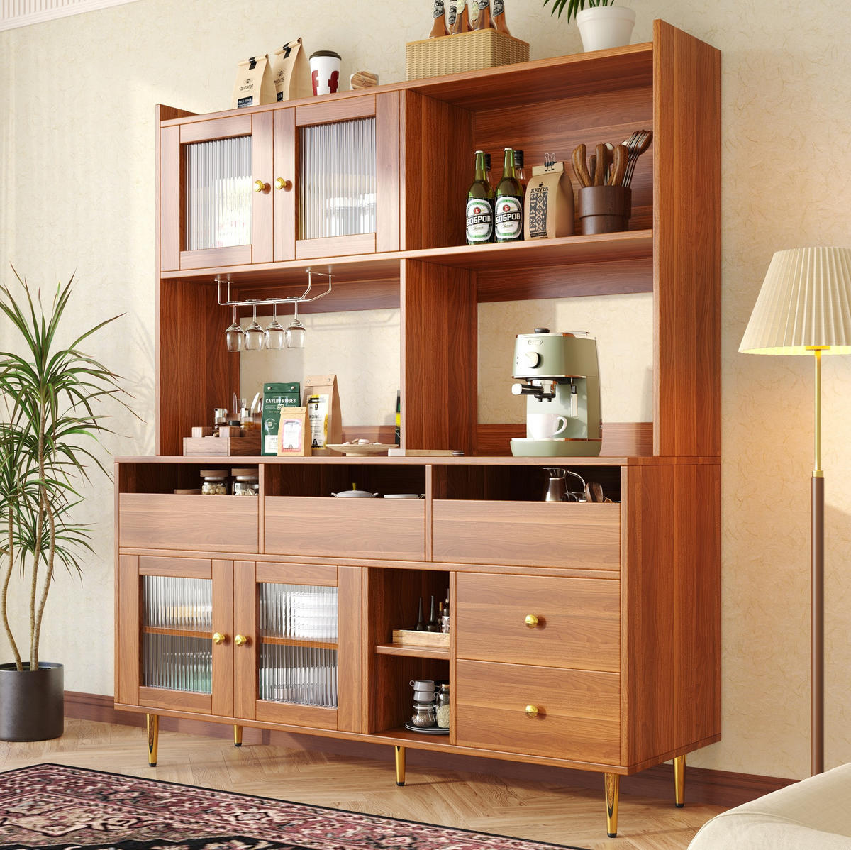 BUFFET 145/39/171 cm aus MDF mit Changhong-Glastüren und Weinregal Walnussbraun - Walnussfarben, Holzwerkstoff (39/171/145cm) - Modenvie