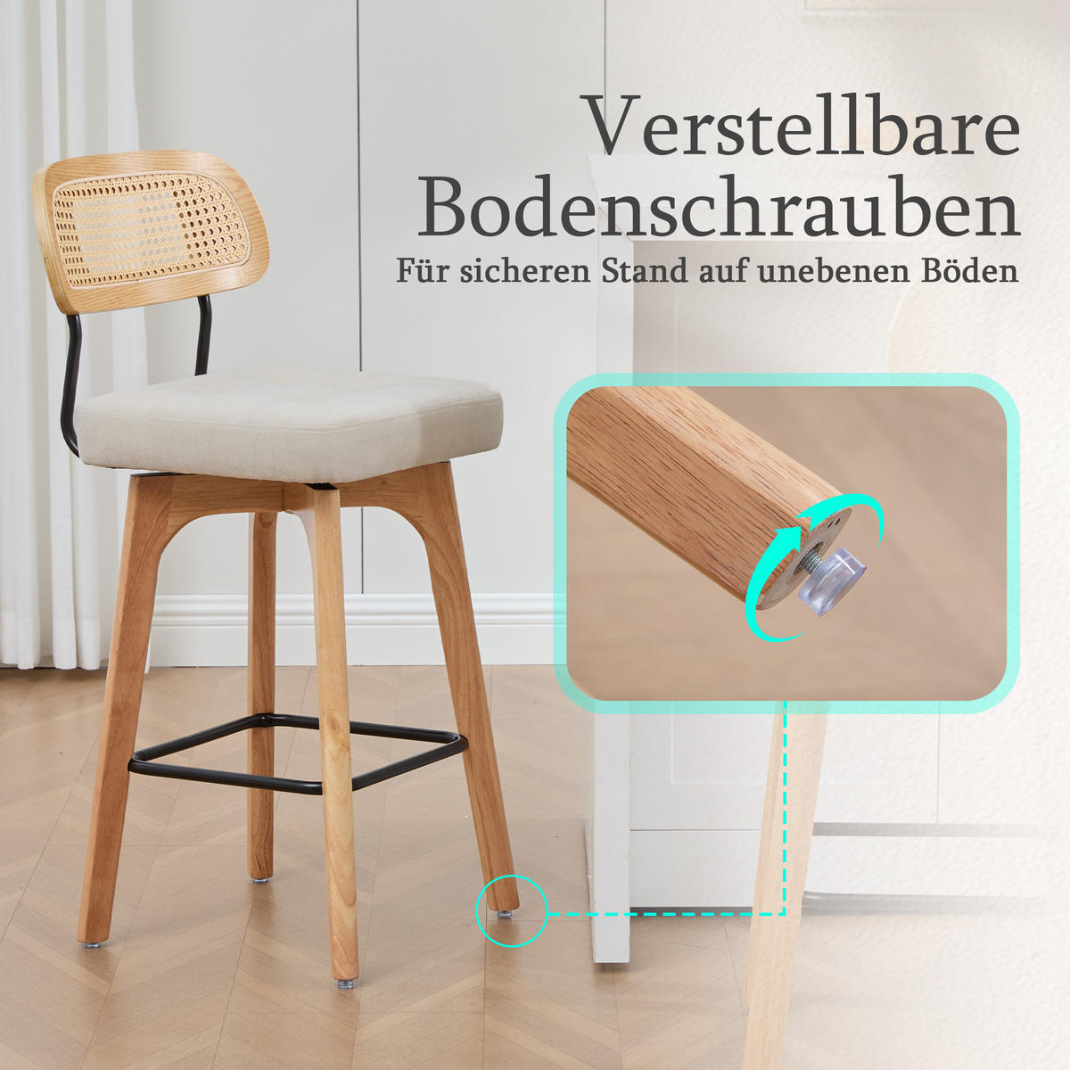 BARHOCKER 2er Set, 360° drehbar, Wiener Geflecht/Chenille, 67,5cm Sitzhöhe, Beige - Wildeiche/Beige, Holz/Textil (44/96/51cm) - LVHOM
