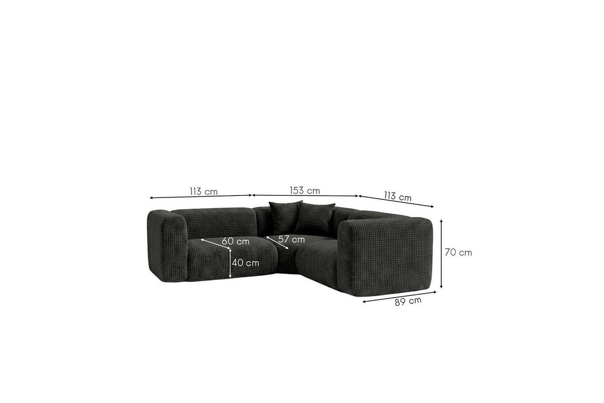 ECKSOFA Modulares, Corner mini, Chenille-Stoff Cremona, Anthrazit, GRETA - Anthrazit, Holz (380/190cm) - Kaiser Möbel