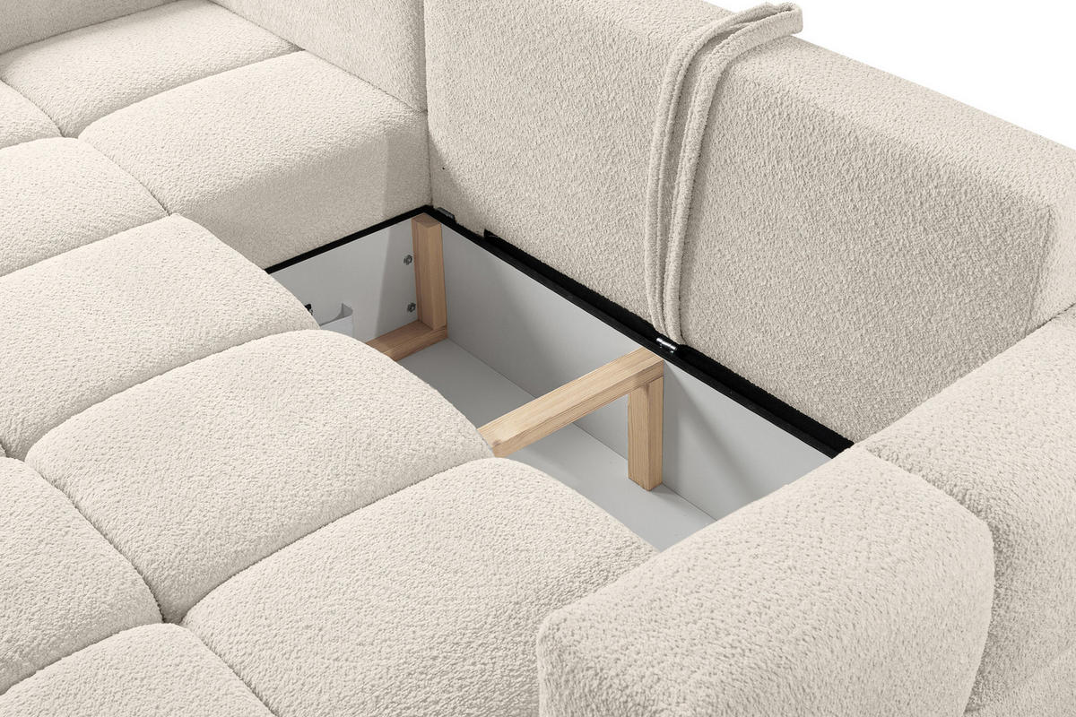 ECKSOFA LUSSO mit Schlaffunktion und Bettkasten, Farbe: Beige, Bouclé-Stoff, Ottomane Universal - Beige, Textil (255/165cm)