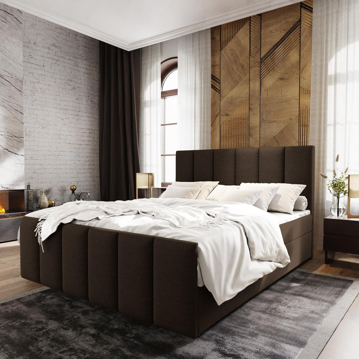 BOXBETT LAGO 180x200 cm mit Matratze und Topper - Braun - Braun, Holz (180/200cm) - MASSENO