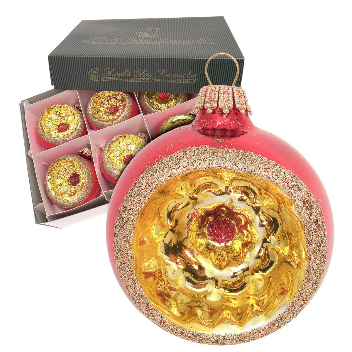 CHRISTBAUMKUGELN Reflex Gold Glitter Rot 8cm (Glas / 6 Stk.) - Rot, Glas (8/8/8cm) - Krebs Glas Lauscha